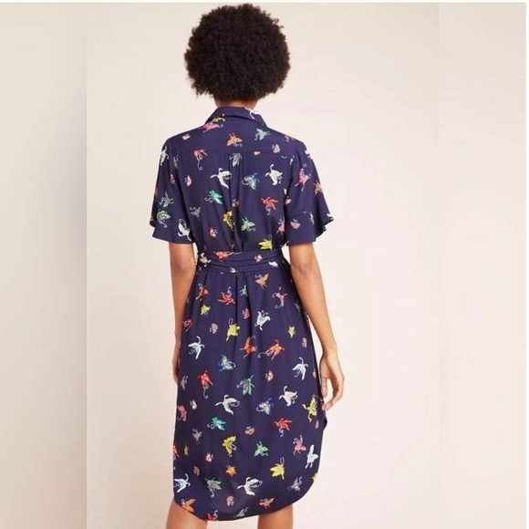 Maeve Anthropologie Navy Butterfly Print Button Tie Waist Midi Shirt Dress Large - Picture 2 of 11